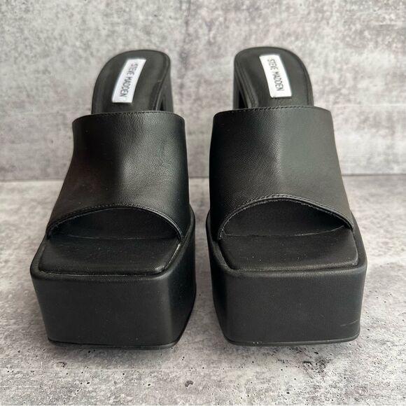 STEVE MADDEN TRIXIE BLACK LEATHER PLATFORM BLOCK HEEL SANDALS SIZE 9.5 - Picture 4 of 12